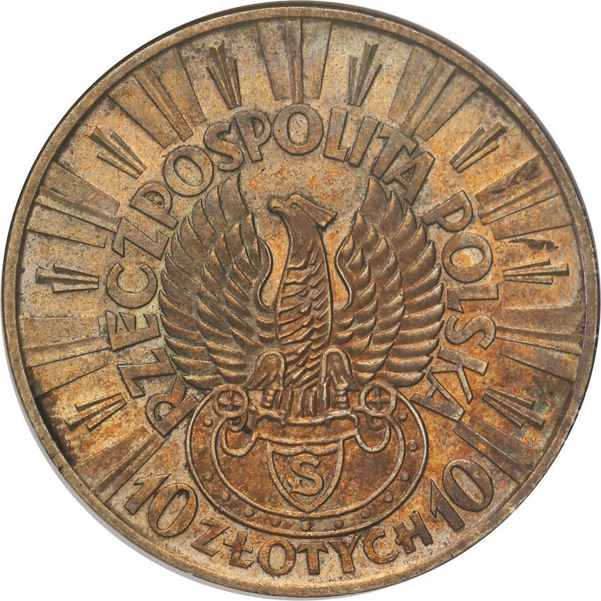 II RP. PRÓBA srebro 10 złotych 1934, Piłsudski, orzeł strzelecki, stempel lustrzany NGC PF63
